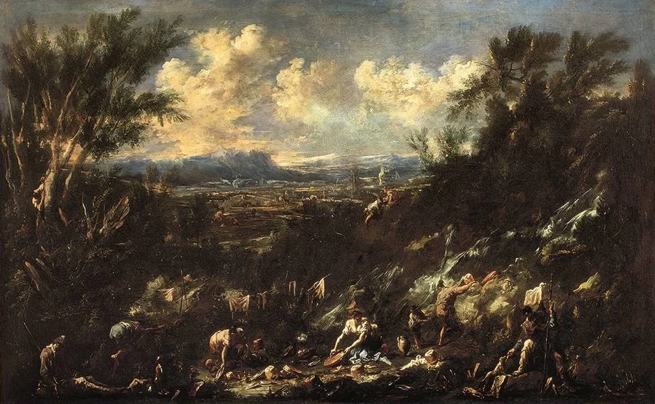 Paesaggio con pellegrino e lavandaie - Palazzo pellegrini a S. Cecilia